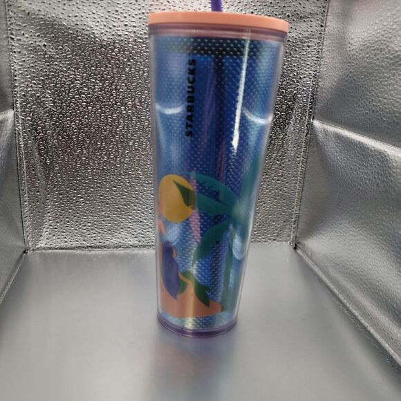 NWT! Starbucks Pink Blue Beach Palm Tree Acrylic Cold Cup Tumbler Venti 24oz - Picture 5 of 5